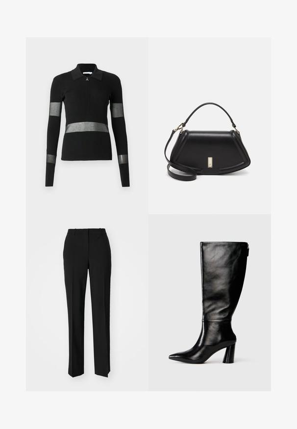 Maglione nero a coste a maniche lunghe con colletto, caratterizzato da strisce orizzontali metalliche argentate e chiusura con zip sul davanti.; Pantaloni neri su misura con un design a gamba dritta, caratterizzati da una texture liscia e pieghe ben definite sul davanti. Senza hardware visibile.; Stivale in pelle nera, alto fino al ginocchio, con punta affusolata, superficie liscia e tacco spesso. Presenta un dettaglio con zip sul retro.; Borsa a mano in pelle nera con un design strutturato, caratterizzata da una forma corta, manico superiore e accessori in metallo dorato. Inclusa tracolla regolabile.