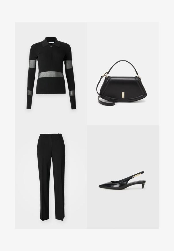 Black ribbed long-sleeve top with a collared neck, featuring metallic silver horizontal stripes and a zip closure at the front.; Black tailored trousers with a straight-leg design, featuring a smooth texture and crisp creases along the front. No visible hardware.; Black leather slingback heels with a pointed toe, featuring a slim heel and a gold-tone accent on the adjustable strap. Smooth texture.; Black leather handbag with a structured design, featuring a cropped shape, top handle, and gold hardware accent. Adjustable shoulder strap included.