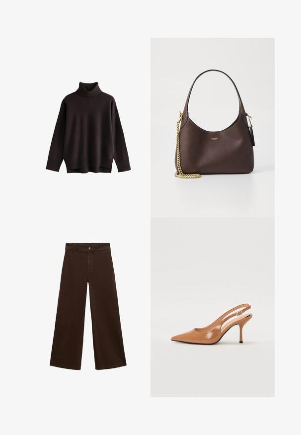 Dark brown, oversized turtleneck sweater. Ribbed neckline and hem with a soft texture. Dropped shoulders and relaxed fit. No patterns or accents.; Brown wide-leg trousers in cotton blend, featuring a frayed hem, front button closure, and classic five-pocket design. Minimalistic and versatile.; Pointed toe slingback heel in a smooth, glossy tan material. Features a curved cutout design and a slender stiletto heel. Silver buckle detail.; COACH BROOKLYN SHOULDER BAG 23 - Handbag - maple
