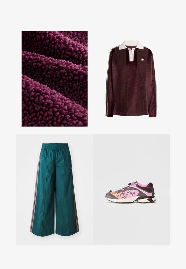 Diep paarse fleece stof met een donzige textuur, met een zachte, gekrulde oppervlakte en een dichte, pluche uitstraling. Meerdere lagen hangen op een natuurlijke manier.; Lange mouwen maroon velours polo shirt met witte kraag, knoopsluiting, getextureerde verticale strepen, Adidas-logo en witte zijstrepen.; Teal wijde broek met een elastische tailleband, voorzien van gestreepte accenten in roze en wit aan de zijkanten, gemaakt van lichte stof.; Sport schoen met een mix van donkerbruin, roze en oranje kleuren. Glad materiaal en textuuroverlays met een zwart bevestigingssysteem.
