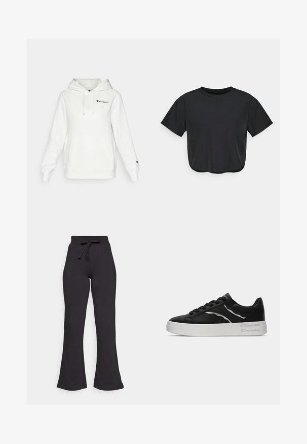 Champion ICONS HOODIE CONTRAST LOGO SMALL - Hoodie - white/multi-coloured; Black cropped t-shirt made of soft material, featuring a round neckline, short sleeves, and a relaxed fit. Subtle stitching details.; Black flared sweatpants made of soft fabric, featuring a drawstring waistband and smooth texture. Designed for comfort and ease of wear.; Black leather sneaker with white sole, featuring thin silver accents and lace-up design. Smooth texture with branded detailing on the heel.