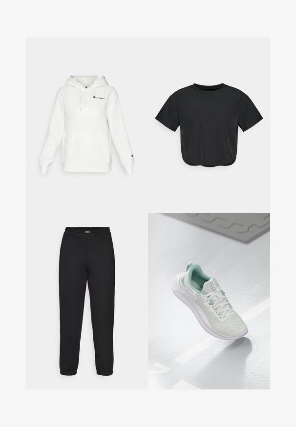 Champion ICONS HOODIE CONTRAST LOGO SMALL - Felpa con cappuccio - white/multi-coloured; Maglietta nera corta realizzata in materiale morbido, con scollatura rotonda, maniche corte e vestibilità comoda. Dettagli di cuciture sottili.; Champion C-TECH CUFFED PANTS INTERLOCK - Pantaloni sportivi - black; Scarpa sportiva grigio chiaro con tomaia in maglia testurizzata, dettagli verde menta, lacci bianchi, suola in gomma e linguetta sul tallone.