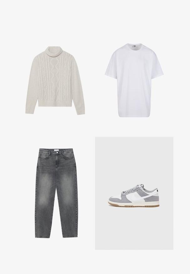Cream-colored cable knit sweater with a high ribbed collar, featuring a textured pattern and ribbed cuffs and hem. Soft wool blend material.; White cotton t-shirt with short sleeves, rounded neckline, relaxed fit, and no visible logos or patterns. Smooth texture and minimal design.; High-waisted, loose-fitting jeans in faded black denim. Features five pockets, belt loops, and a clean, straight leg design.; Gray and white sneaker with a suede and leather upper, rounded toe, flat laces, and a rubber sole featuring a gum accent.