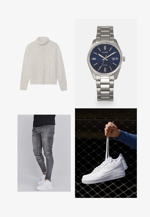 Maglione a maglia cable color crema con colletto alto a coste, caratterizzato da un motivo testurizzato e polsini e orlo a coste. Materiale morbido in misto lana.; Jeans skinny in denim grigio sbiadito, con dettagli strappati sulle ginocchia, abbinati a sneakers bianche. Texture liscia, design slim fit.; Sneakers in pelle bianca con perforazioni, punta rotonda, suola piatta e lacci spessi, con logo swoosh visibile e "AIR" sul tallone.; Orologio da polso in acciaio inossidabile argento con quadrante blu navy, indici metallici e finestra della data alle 3. Resistente all'acqua fino a 50 metri.