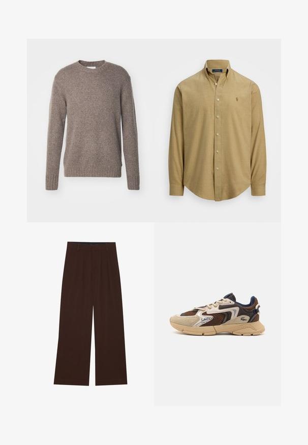 Brauner, gestrickter Pullover mit Rundhalsausschnitt, langen Ärmeln und gerippten Bündchen und Saum, der eine weiche, strukturierte Oberfläche aufweist.; Hellbraunes, langärmeliges Hemd mit Knopfleiste und Kragen, aus einem strukturierten Stoff gefertigt. Mit einem kleinen Logo auf der Brust.; Braune weite Hosen mit Falten. Aus einem glatten Stoff gefertigt, mit einem taillierten Bund und seitlichen Taschen. Flacher Saum am Boden.; Beige und braune Sneakers mit strukturierten Netzpaneelen, Wildlederakzenten und einer Gummisohle. Verfügt über ein Schnürdesign und Marken-Detailing.