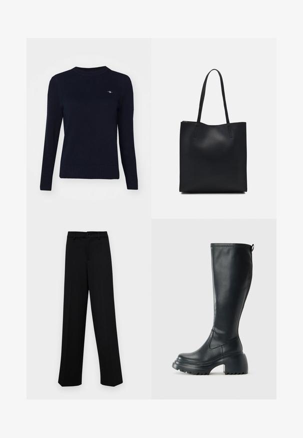 Tumši zila adīta džemperis ar apaļu kakla izgriezumu, garām piedurknēm un ribinātu apakšmalu. Uz krūtīm ir neliels izšūts logo.; Melnas platajās bikses, kas izgatavotas no gludas auduma, ar klasisku jostu un pogu aizdari, kā arī priekšējām kroku detalizācijām.; Augstas melnas ādas zābakus ar masīvu platformu un bloka papēdi, ar vilkšanas cilpu un strukturētu profilu uz ārējā zoles.; Melnas ādas somiņa ar gludu tekstūru, taisnstūra formu un divām garām rokturiem. Nav redzamu aparatūras vai rotājumu.