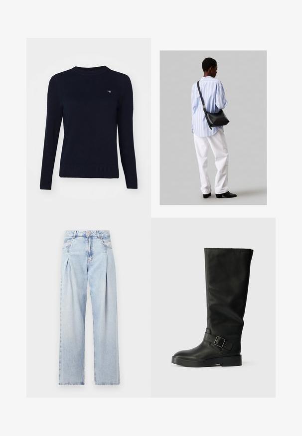 Σκούρο μπλε πλεκτό πουλόβερ με στρογγυλή λαιμόκοψη, μακριά μανίκια και ριμπ τελείωμα. Διαθέτει ένα μικρό κεντητό λογότυπο στο στήθος.; Ανοιχτό μπλε τζιν παντελόνι με ψηλή μέση, φαρδιά γραμμή, δύο πλαϊνές τσέπες και σχέδιο με πτυχώσεις. Μαλακή υφή με ξεθωριασμένο φινίρισμα.; Μαύρες μπότες μέχρι το γόνατο κατασκευασμένες από λείο δέρμα, με στρογγυλή μύτη, χοντρό πάτο και οριζόντια λωρίδα με διακοσμητική αγκράφα σε ορθογώνιο σχήμα.; Μαύρη δερμάτινη τσάντα ώμου με απαλή υφή, τριγωνικό σχήμα και ρυθμιζόμενο λουρί, συνδυασμένη με ένα ανοιχτό μπλε ριγέ πουκάμισο και λευκό παντελόνι.