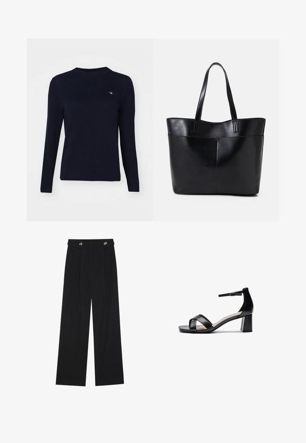 Pulover tricotat de culoare bleumarin, cu guler rotund, mâneci lungi și tiv cu margine ondulată. Are un mic logo brodat pe piept.; Pantaloni negri cu picioare largi, talie înaltă, detalii cu butoane pe talie și pliseuri în față.; Sandale negre cu toc deschis, cu barete încrucișate, curea ajustabilă pentru gleznă și toc masiv, prezentând o textură de piele netedă.; Geantă oversized din piele neagră, cu două mânere lungi, de textură netedă și formă structurată. Are un buzunar frontal pentru stocare suplimentară.