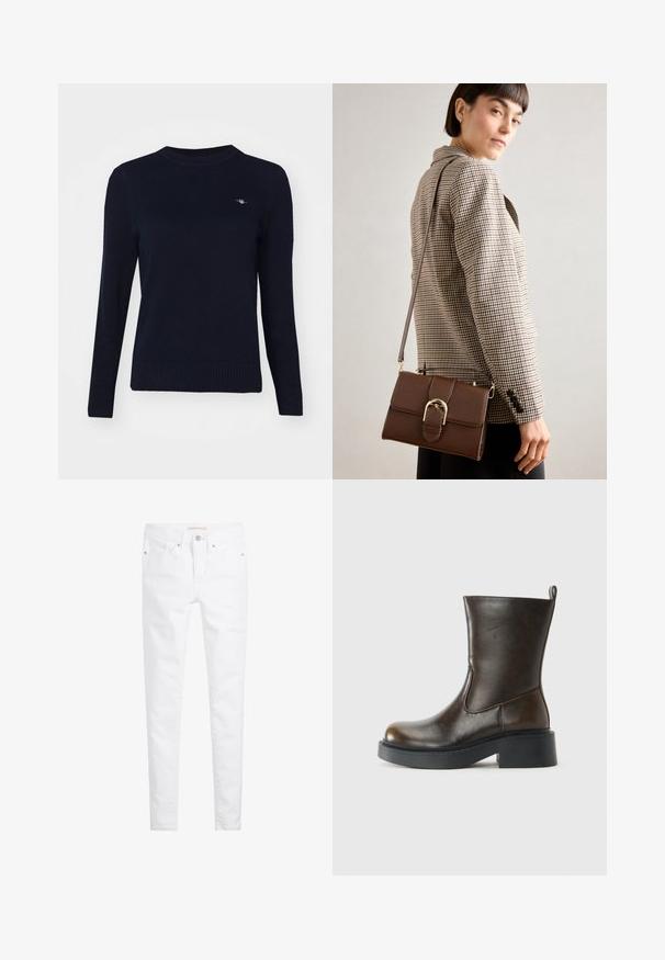 Maglione a maglia blu navy con scollatura rotonda, maniche lunghe e orlo a coste. Presenta un piccolo logo ricamato sul petto.; Jeans skinny bianchi in denim con un classico design a cinque tasche, chiusura con bottone e dettagli di cucitura discreti, che offrono una texture liscia.; Stivale in pelle marrone scuro a metà polpaccio con punta rotonda, suola nera spessa, tacco basso a blocco e linguetta sul retro.; Borsa a tracolla in pelle marrone con una fibbia in metallo dorato, forma rettangolare, texture liscia e tracolla rimovibile.