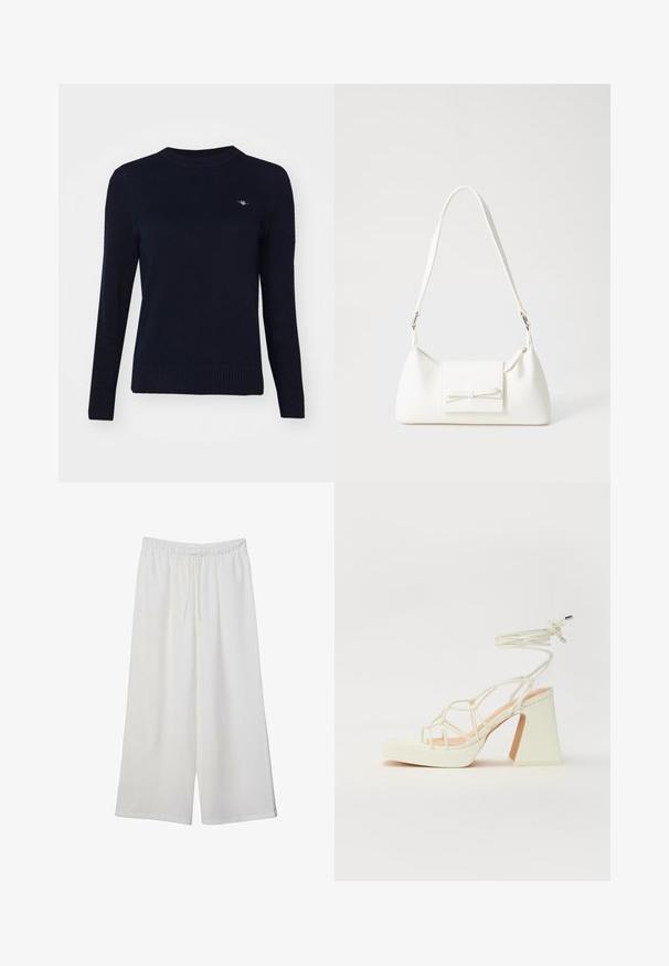 Tummansininen neulepusero, jossa on pyöreä pääntie, pitkät hihat ja joustinneulehelma. Puserossa on pieni brodeerattu logo rinnassa.; Valkoiset leveälahkeiset housut, jotka on valmistettu kevyestä kankaasta. Niissä on joustava vyötärö ja nauha säädettävää istuvuutta varten. Sileä pinta.; Valkoinen korkokenkä, jossa on paksu korko, ja joka sisältää nauhakiinnityksen ja nilkkaketjun. Sujuva pinta, jossa on platform-etupohja lisäkorkeutta varten.; Valkoinen synteettinen käsilaukku, jossa on kolmikulmainen muoto, tasainen etu läppä ja nauhadetail, säädettävä olkahihna, sileä rakenne ja minimalinen muotoilu.
