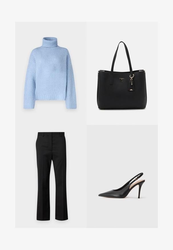 Pull en col roulé bleu clair avec une texture côtelée, doté de manches longues et d'une coupe décontractée, avec un col large et structuré au niveau du cou.; Pantalons noirs ajustés avec une coupe droite. Fabriqués en tissu lisse, avec un devant plat et une taille standard avec passants de ceinture.; Escarpin à talon haut en cuir noir avec un bout pointu, une texture lisse et une délicate bride avec une boucle métallique.; Sac fourre-tout noir en matériau synthétique texturé, avec deux anses, une plaque logo dorée et une petite étiquette avec un détail accentué.