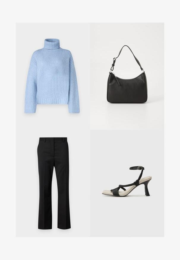 Hellblaue Rollkragensweater aus geripptem Material, mit langen Ärmeln und lässiger Passform, sowie einem breiten, strukturierten Kragen am Hals.; Schwarze maßgeschneiderte Hose mit geradem Bein. Hergestellt aus einem glatten Stoff, mit flacher Vorderseite und standardmäßigem Bund mit Gürtelschlaufen.; Schwarze Absatzsandale mit geflochtenem Riemendesign, quadratischer Spitze und verstellbarem Knöchelriemen. Helle beigefarbene Sohle mit glänzendem schwarzen Absatz.; Schwarze Lederhandtasche mit geschwungener Form, einem einzigen Tragegurt, Reißverschlussverschluss und dezentem Branding auf der Vorderseite. Glatte Textur, minimalistisches Design.