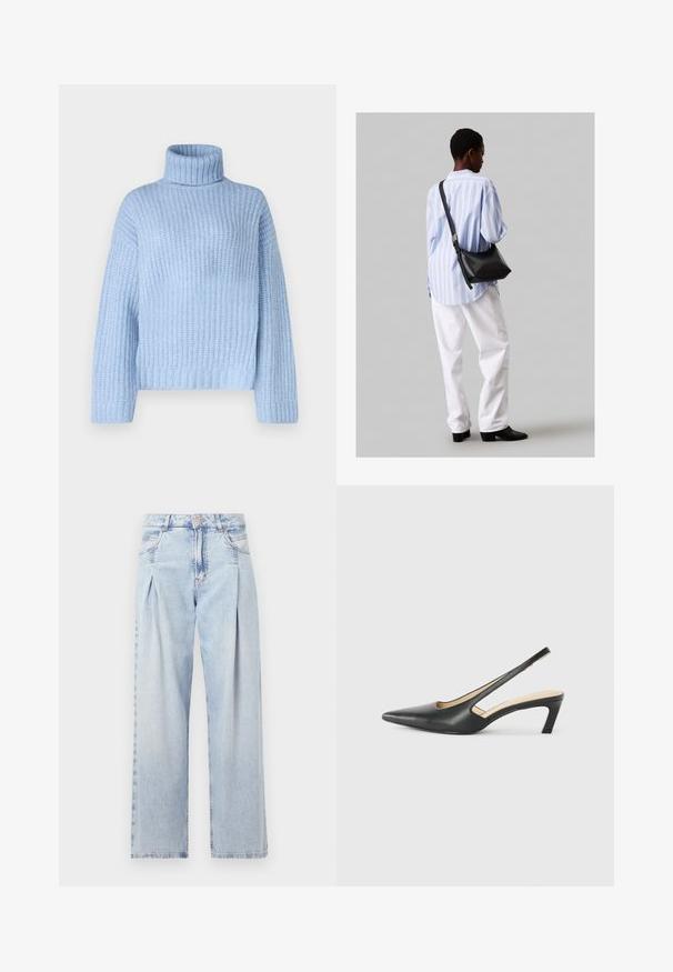 Lyseblå genser med høy hals i ribbestrikket tekstur, med lange ermer og en løs passform, samt en bred, strukturert krage rundt halsen.; Lyseblå denimjeans med høy livlinje, vide ben, to sidelommer og plisserte detaljer. Myk tekstur med en falmet finish.; Svart spiss tå slingback-sko med lav hæl, laget av jevnt skinnmateriale og med utskåret design på siden for pusteevne.; Svart lær skulderveske med en myk tekstur, trekantet form og justerbar stropp, kombinert med en lyseblå stripete skjorte og hvite bukser.
