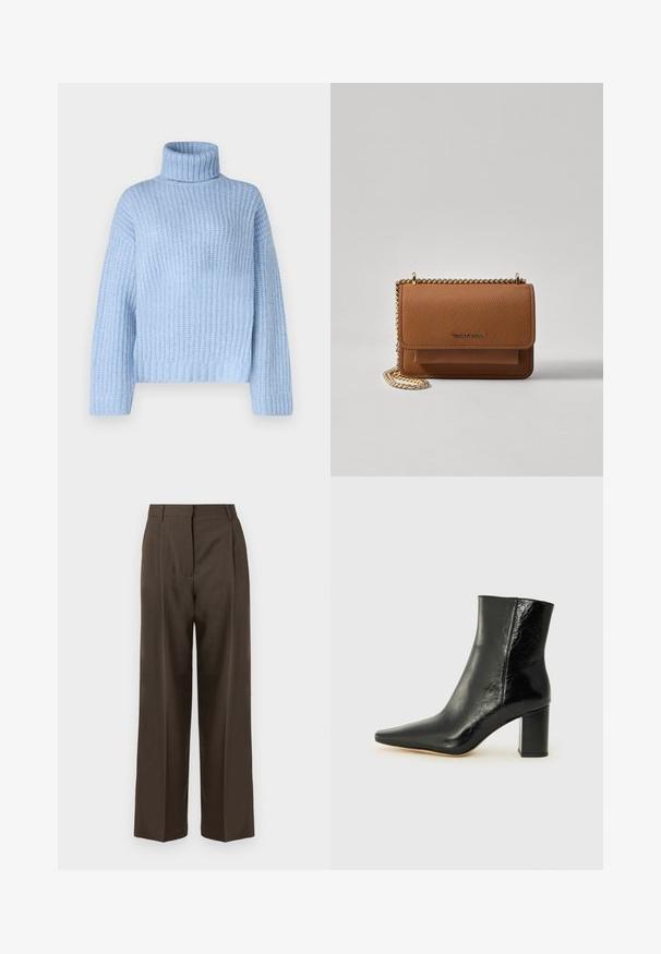 Gaiši zils augstu ietīts džemperis ar ribu tekstūru, ar garām piedurknēm un brīvu piegriezumu, aprīkots ar platu, strukturētu apkakli pie kakla.; Brūnas platā kāju bikses ar gludu tekstūru, ar augstu jostasvietu, priekšējām krokām un pielāgotu dizainu. Nav redzamu kabatu vai rotājumu.; Melna potīte, izgatavota no mirdzošas ādas, ar norādītu purngalu un masīlu kvadrāta papēdi. Iezīmes ir gluda tekstūra un minimālisma dizains.; Brūna teksturēta ādas plecu soma ar zelta ķēdes siksnu un atloka aizdari. Priekšpusē ir logotipa detaļa un kabata zem atloka.