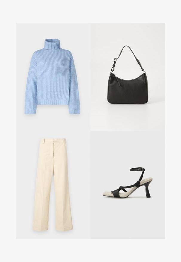 Šviesiai mėlynas turtlenecko megztinis su vagotais raštais, turintis ilgus rankovės ir laisvą siluetą, su plačiu, struktūruotu apykakle.; Šviesiai rudos spalvos plačios kelnės su lygiu priekiu, diržo kilputėmis ir užtrauktuku. Pagamintos iš lengvos medvilnės medžiagos su lygiu paviršiumi.; Juodų aukštakulnių sandalų su pintu dirželiu dizainas, kvadratine nosimi ir reguliuojamu kulkšnies dirželiu. Šviesiai bežė padas su blizgiu juodu kulnu.; Juoda odinė rankinė su išlenkta forma, viena dirželiu, užtrauktuko uždarymu ir subtiliu ženklinimu priekyje. Lygus paviršius, minimalistinis dizainas.