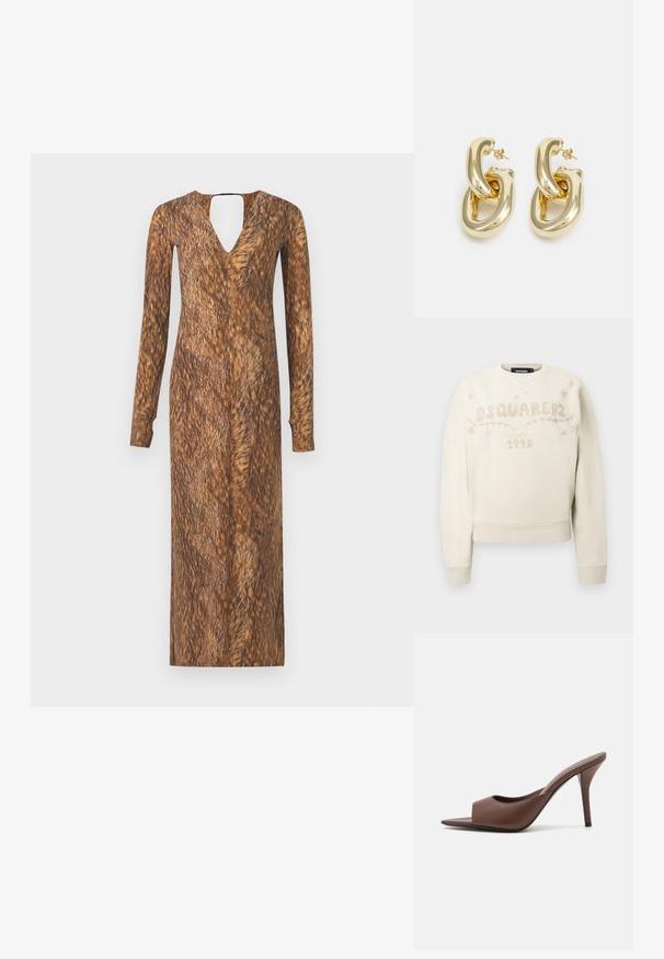 Sudadera de mangas largas color blanco roto con el logo de DSQUARED2, el texto "desde 1995" y pequeños diseños de estrellas y vides en el pecho.; Vestido de manga larga con escote en V y espalda con abertura, que presenta una textura y patrón marrón similar a la piel de un animal en toda la tela.; Mules de tacón alto destalonados de cuero marrón con un diseño elegante, que cuentan con una amplia banda frontal y un tacón de aguja esbelto.; Bolso de cuero marrón con estampado de cocodrilo, de forma cilíndrica, con herrajes en tono dorado y una correa desmontable con tachuelas.; Rabanne XL LINK DOUBLE HOOP EARRINGS - Pendientes - gold-coloured