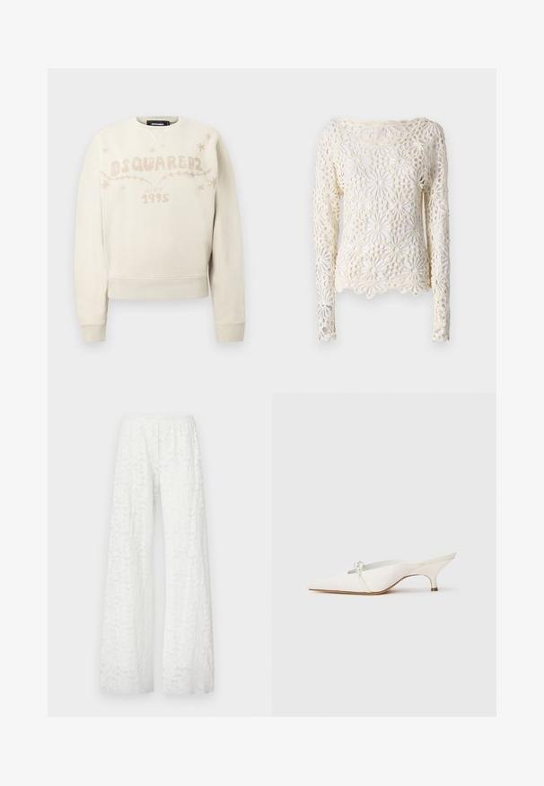 Dugi rukav bijele boje sivi dukserica s DSQUARED2 logotipom, tekstom "od 1995." i malim zvjezdicama i dizajnom vinove loze po prsima.; Norma Kamali Top dugih rukava - cream; Bijele hlače širokih nogavica s elastičnom gumicom u struku, s teksturiranim, cvjetnim čipkastim uzorkom kroz cijelu tkaninu.; Bijela slingback cipela s šiljastim prstima i niskom petom, koja ima dekorativnu perlu sprijeda i glatku satensku završnu obradu.