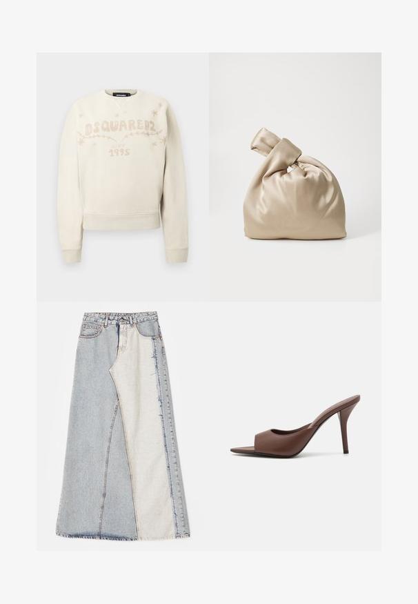 Světle béžová mikina s dlouhým rukávem a logem DSQUARED2, textem "od roku 1995" a malými designy hvězdiček a vinné révy na hrudi.; Hnědý žebrovaný tílko s bezrukávovým designem, kulatým výstřihem a diamantovým výřezem se stříbrným kovovým detailem.; Džínová sukně s patchwork vzorem obsahující světlé a středně modré části, roztrhané okraje a vysoký pas. Klasický pětikapsový styl.; Hnědé kožené otevřené lodičky na vysokém podpatku s elegantním designem, které mají široký přední pás a štíhlý jehlový podpatek.; Bezešvá saténová taška s uzlem nahoře, s jemnou, hladkou texturou a zakulaceným tvarem, navržena tak, aby byla jednoduchá a elegantní.