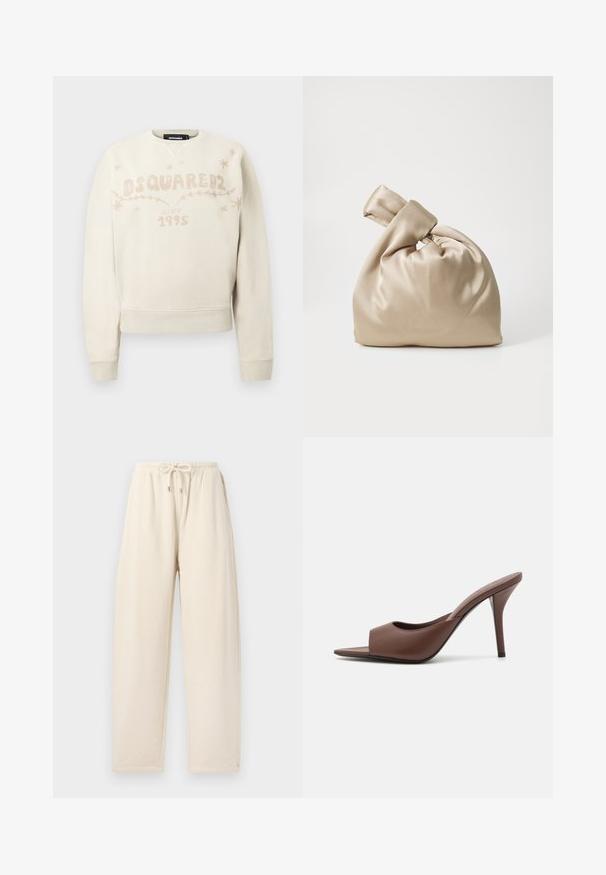 Oficialiai balta ilgomis rankovėmis džemperis su DSQUARED2 logotipu, tekstu "nuo 1995" ir mažais žvaigždutėmis bei vynmedžių raštais per krūtinę.; Kreminės spalvos sportinės kelnės, pagamintos iš švelnios medžiagos, su raišteliu reguliuojamu juosmeniu, laisvu kirpimu ir šoninėmis kišenėmis.; Rudi odos atviri aukšti kulniukai su elegantišku dizainu, turinčiu plačią priekinę juostą ir siauromis stiletto kulkšnimis.; Bežinė satino rankinė su mazgu viršuje, pasižyminti švelniu, lygiu paviršiumi ir apvalia forma, sukurta būti paprasta ir elegantiška.