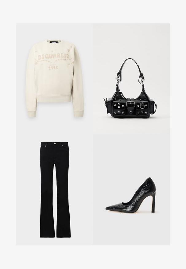 Off-white long-sleeve sweatshirt with DSQUARED2 logo, "since 1995" text, and small star and vine designs across the chest.; Black flared jeans made of denim, featuring two front pockets, a button closure, and a smooth texture. Signature stitching visible at seams.; Black pointed-toe high heel shoe with a crocodile-skin texture, featuring a sleek design, high stiletto heel, and smooth black interior.; Black leather handbag with a curved design, featuring silver studs, a buckle, and two side pockets. Adjustable strap for carrying options.