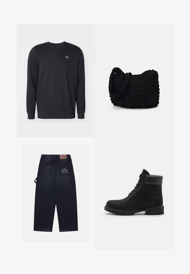 Felpa nera in misto cotone. Presenta un collo rotondo e maniche lunghe. Piccolo logo bianco sul petto sinistro. Design semplice.; Pantaloni in denim scuro con vestibilità ampia. Presentano due tasche sul retro, un'etichetta in pelle con il logo e un design a cinque stelle su una tasca.; Stivale alla caviglia nero con lacci, colletto imbottito e suola robusta, mostrato in profilo su uno sfondo bianco.; Borsa in tessuto nero con un motivo trapuntato e texture. Forma arrotondata, manici corti e spessi, e una struttura morbida e flessibile.