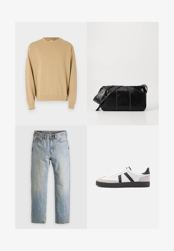 Beige genser med lange ermer og rund hals. Laget av bomull, med en jevn tekstur og ribbede mansjetter og kant.; Lys blå denim jeans med høy midje, frontknapp, glidelås og fem-lommers design, lagt flatt på en nøytral bakgrunn.; Hvite sneakers med svarte og grå detaljer, med en teksturert grå tåhette, svart gummisåle, og flate hvite lisser. Rent design, minimalistisk stil.; Svart lær skulderveske med glidelås, med teksturert overflate, hvite sømmer og en stropp med sølvringer.