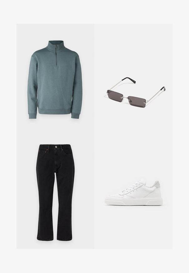 Jack & Jones JJEBRADLEY HALF ZIP NOOS - Sweatshirt - goblin blue; Jean en denim noir présentant un design à jambe droite, un style à cinq poches et des accessoires en métal avec des accents en cuivre. Texture lisse et taille moyenne.; Des baskets en cuir blanc avec une finition lisse, un bout rond, des lacets plats et une semelle texturée. Accents en daim gris au niveau du talon.; Lunettes de soleil avec des verres rectangulaires gris foncé, des montures en métal argenté et des embouts en plastique noir sur les branches. Conception légère avec des plaquettes de nez.