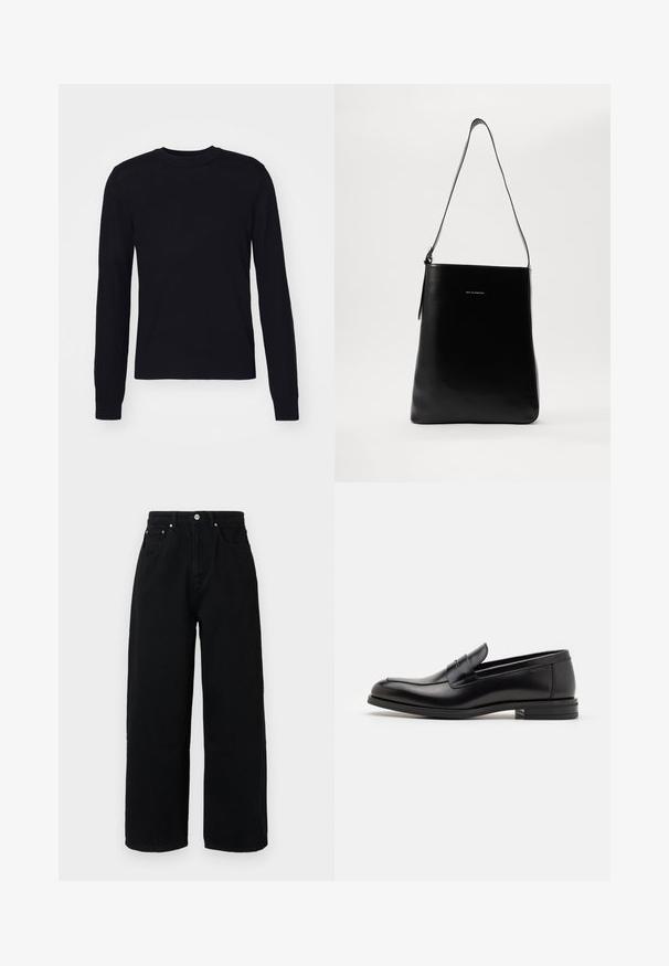 Juodas ilgomis rankovėmis megztinis, pagamintas iš minkštos medžiagos, su apvaliu kaklu ir gumbuotais rankogaliais. Paprastas, neišpuoštas dizainas be raštų ar aksesuarų.; Juodos plačios kelnės iš medvilnės su aukštu liemeniu, priekinėmis kišenėmis, sidabriniu mygtuku ir švariu apdailos kraštu.; Juodos odinės loafers, turinčios lygų paviršių, apvalią noselę ir dekoratyvinę juostą per priekinę dalį. Žemas krentantis kulnas, minimalistinis dizainas.; Juodas odinis petinis krepšys su lygiu paviršiumi, stačiakampio formos ir ilga petine juosta; viduryje yra mažas baltas logotipas.