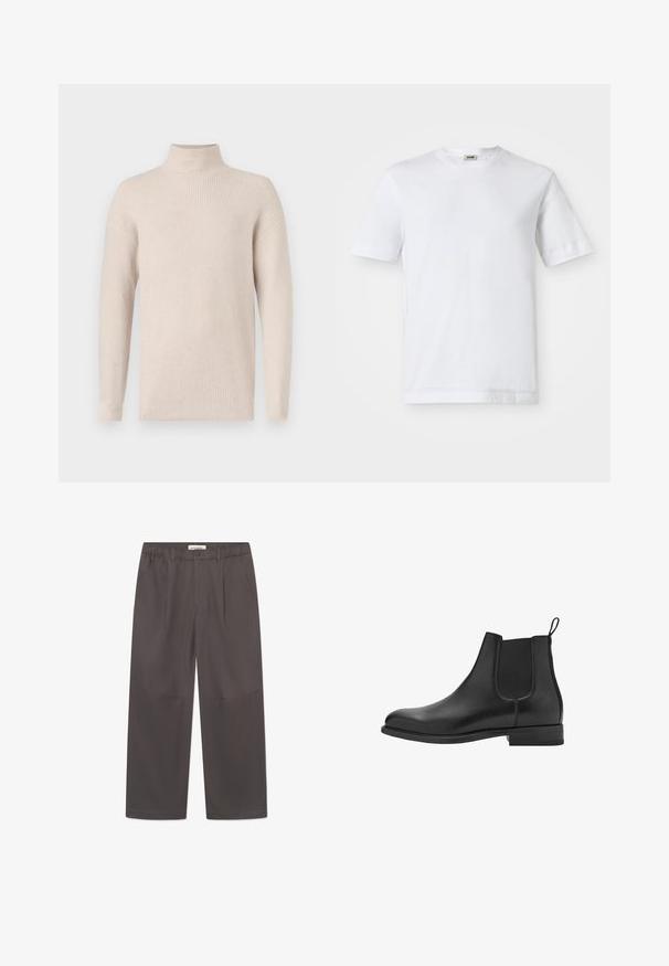 Světlý béžový žebrovaný pletený rolák s dlouhými rukávy a mírně volným střihem, vystavený na bílém pozadí.; Bílá bavlněná tričko s krátkým rukávem, kulatým výstřihem a hladkou texturou. Žádné vzory ani akcenty nejsou viditelné.; Šedé široké kalhoty vyrobené z hladké látky, s knoflíkovým zapínáním a dvěma bočními kapsami. Jednoduchý, čistý design bez viditelných vzorů.; Černé kožené chelsea boty s elastickými bočními panely, kulatou špičkou a nízkým blokovým podpatkem. Hladká textura a čistý, minimalistický design.