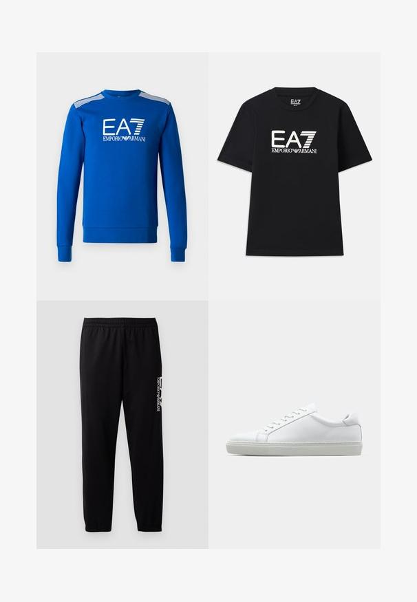 Sweatshirt azul com mangas longas, decote redondo, apresenta os logótipos brancos da EA7 e Emporio Armani; riscas texturizadas nos ombros.; T-shirt preta feita de algodão, com decote redondo e mangas curtas. Logótipo bordado "EA7 EMPORIO ARMANI" em branco na frente.; Calças de treino pretas feitas de um tecido suave, com uma cintura elástica e punhos, e um logotipo em contraste impresso na lateral.; Sapatilha branca com um cabedal em couro liso e de perfil baixo. Apresenta um bico redondo, seis ilhoses e uma sola de borracha texturizada.