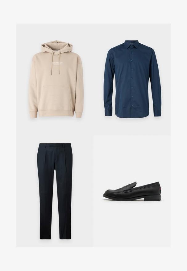 Felpa con cappuccio beige in misto cotone, dotata di tasca a marsupio frontale e cappuccio con cordino. Logo stampato sul petto. Texture morbida.; Camicia blu navy a maniche lunghe con bottoni, realizzata in tessuto morbido. Presenta un colletto standard, una patta frontale con bottoni coordinati e maniche con polsini.; Pantaloni neri su misura realizzati in tessuto liscio, con un design slim fit, due pince frontali e una cintura piatta senza hardware visibile.; Mocassini in pelle nera con finitura liscia, punta arrotondata e una piccola pattina decorativa. Presentano un tacco basso e impilato e un sottile dettaglio di branding.