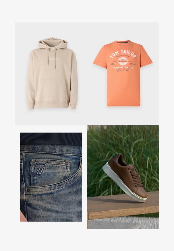 Beige hoodie i bomullsmix med framficka och snörning i huven. Tryckt logotyp på bröstet. Mjuk textur.; Kortärmad T-shirt i korallorange med rund halsringning. Har vit grafisk text och logotypdetaljer på framsidan. Tillverkad av bomull.; Blå denimjeans med en blekt textur, utrustade med en myntficka och en svart logotypdetalj på framsidan. Midjebandet är av mörk marinblå ribbad tyg.; Bruna lädersneakers med vit gummisula, rund tå och bruna snörningar. Texturerat grepp på sulan och slät yta på överdelen.