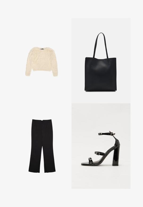 Kermakarvinen lyhyt villapaita, jossa on pehmeä ja pörröinen pinta sekä pitkät hihat. Ominaisuuksiin kuuluu pyöreä kaula-aukko ja rento istuvuus.; Mustat housut suoralinjaisella leikkauksella, joissa on etutaskut ja sivurei'ät helman alla. Valmistettu pehmeästä ja sileästä kankaasta. Sopii eri tilaisuuksiin.; Musta kiiltävä korkokenkä sandaalit neliönmuotoisella varpaalla, nilkkaremmillä ja hopeisilla soljilla. Varustettu tukevalla lohkokorkealla vakauden takaamiseksi.; Mustapahkainen kangaskassi, jossa on sileä pinta, suorakaiteen muotoinen ja kaksi pitkää kahvaa. Ei näkyvää metalliosaa tai koristeita.