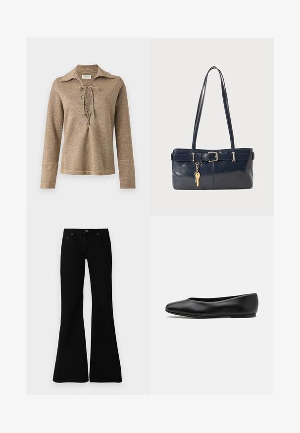 Lace-up long-sleeve top in gold, featuring a collar and a textured, shimmering fabric with a relaxed fit and stitched cuffs.; Black flared jeans made from denim, featuring a classic five-pocket design, button closure, and subtle stitching details along the seams.; Paul Smith TOPANGA - Ballet pumps - black; Navy leather handbag with two long handles, a buckle detail, and a keychain attached. Features a smooth texture and a rectangular shape.