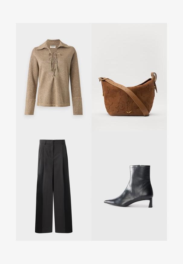 Gouden lange mouwen top met veters, voorzien van een kraag en een gestructureerde, glanzende stof met een ontspannen pasvorm en gestikte manchetten.; Zwarte wijde broek met hoge taille, met voorplooien, een gladde textuur en een nette afwerking. Ontworpen voor een ontspannen pasvorm.; Zwarte leren enkellaars met een spitse neus en een slank ontwerp. Heeft een lage hak en een ritssluiting aan de achterkant. Gladde textuur.; Bruine suède schoudertas met een geperst bloemmotief, aangevuld met een gladde bruin leren schouderband en accenten in goudkleurig metaal.