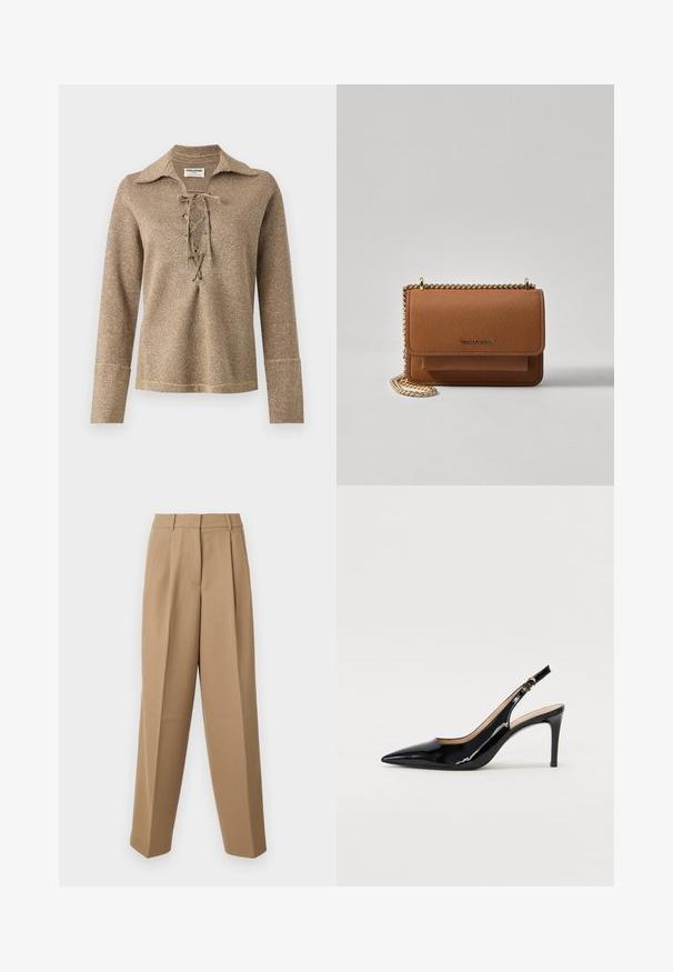 Goldener Longsleeve-Oberteil mit Schnürung, ausgestattet mit einem Kragen und einem strukturierten, schimmernden Stoff, der einen lockeren Sitz und genähte Manschetten aufweist.; Beige maßgeschneiderte Hose mit hoher Taille, gefaltetem Vorderteil und weitem Bein. Der Stoff wirkt glatt mit einem leichten Glanz.; Schwarz lackierte Slingback-Pumps mit spitzem Zehenbereich, schlankem Absatz und einem subtilen Ausschnittdesign. Verfügt über eine goldene Schnalle am Riemen.; Braune strukturierte Ledertasche mit goldener Kettenriemen und Klappenverschluss. Die Vorderseite zeigt ein Logo-Detail und eine Tasche unter der Klappe.