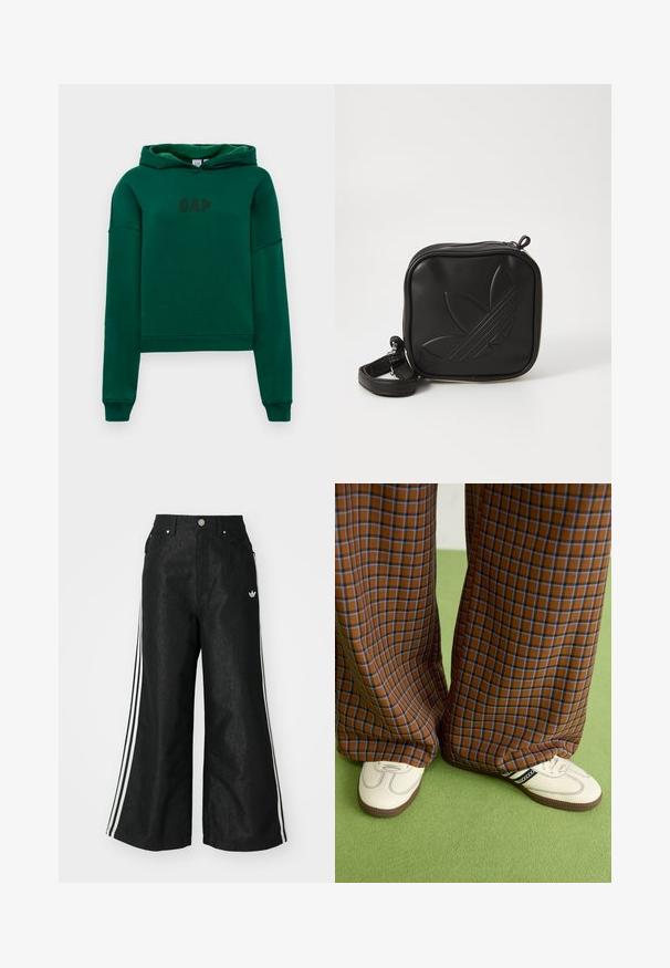 Green hoodie with a kangaroo pocket, ribbed cuffs, and hem. Features "GAP" logo in dark brown on the front. Soft fabric texture.; Black wide-leg denim pants with three white stripe accents on each side and a small white logo. Features front pockets and a button closure.; Brown and blue plaid wide-leg trousers paired with white shoes featuring black accents and textured soles, set against a green background.; Black square crossbody bag made of textured synthetic material. Features an embossed logo design and adjustable strap. Zipper closure.