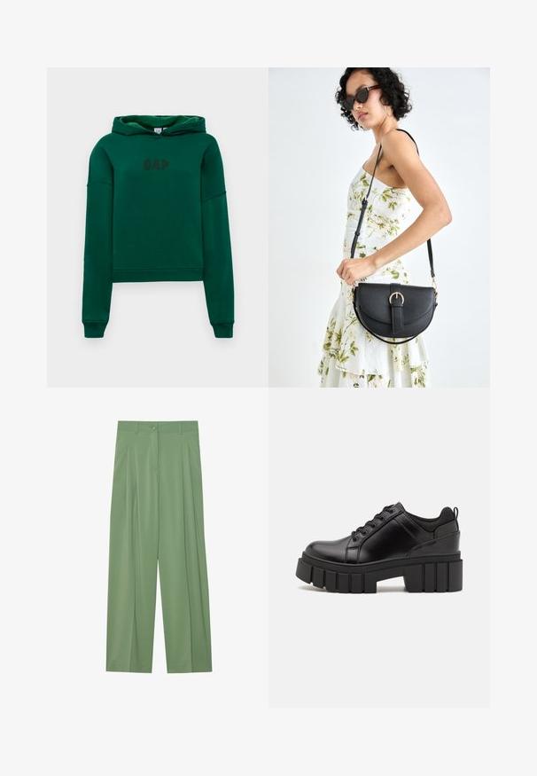 Green hoodie with a kangaroo pocket, ribbed cuffs, and hem. Features "GAP" logo in dark brown on the front. Soft fabric texture.; Green wide-leg trousers made of smooth fabric. Features pleats at the front, a single button closure, and belt loops.; Black leather platform shoes with a chunky block heel, round toe, and traditional lace-up design. Features smooth texture and minimal detailing.; Black leather handbag with a curved shape, detachable strap, and gold hardware. The bag features a flap with a buckle detail.
