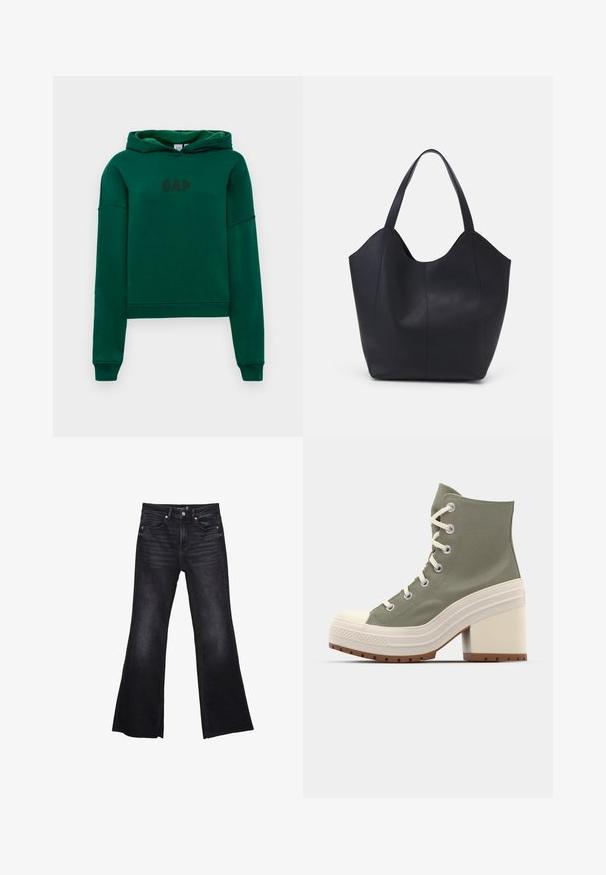Green hoodie with a kangaroo pocket, ribbed cuffs, and hem. Features "GAP" logo in dark brown on the front. Soft fabric texture.; Black flared jeans made of denim with a slightly faded texture. Features front pockets, a zip fly, and visible stitching accents.; Green high-top platform sneakers with canvas upper, cream rubber toe cap, and chunky block heel. Features metal eyelets and lace-up design.; Black tote bag made of smooth leather, featuring a curved, open top with two shoulder straps and a minimalist design.