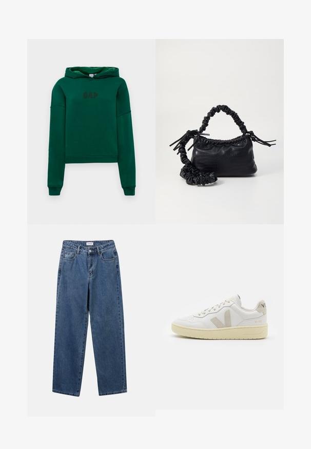 Felpa verde con tasca a canguro, polsini e orlo a costine. Presenta il logo "GAP" in marrone scuro sul davanti. Tessuto morbido.; Jeans in denim blu classico con design a gamba dritta, cinque tasche e chiusura con bottone. Presentano un lavaggio medio e una trama robusta.; Sneaker in pelle bianca con dettagli in suede beige, punta perforata, lacci piatti e suola testurizzata color crema. Presenta un logo discreto sul tallone.; Borsa a tracolla in ecopelle nera con texture a coccodrillo, apertura cinchata e tracolla arricciata. Si presenta con un design morbido e compatto.