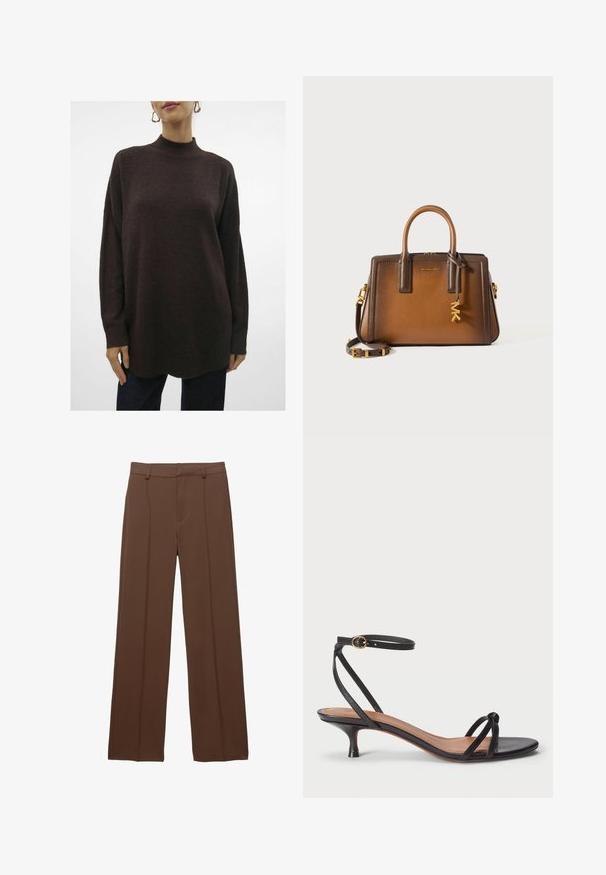 Strukturierter, übergroßer, dunkelbrauner Strickpullover mit hohem Kragen, überschnittenen Schultern und gerippten Bündchen. Endet am Saum mit einer leichten Rundung.; Braune, weit geschnittene Hose aus glattem Material; bietet gefütterte Vorderfalten und einen flachen Taillenbund mit Gürtelschlaufen.; Polo Ralph Lauren LEATHER KITTEN-HEEL SANDAL - Pumps - black; Braune Lederhandtasche mit zwei oberen Tragegriffen, einem abnehmbaren Schulterriemen, goldenen Beschlägen und einem dekorativen Charm mit den Buchstaben "MK."