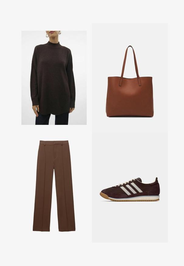 Ribbetty, oversized, tummaty ruskeat neulepaita, jossa on korkea kaula-aukko, laskettu olkasauma ja ribbireunat. Päättyy lievässä kaarressa helmassa.; Ruskeat, leveät housut, jotka on valmistettu sileästä kankaasta; sisältää vuoratut etupuoliset muotit ja litteän vyötärönauhan, jossa on vyölenkit.; Matalannan tumman punertava Adidas-lenkkari, jossa on valkoiset raidat, kermansävyiset nauhat ja kumipohja, sivunäkymä yksinkertaisella taustalla.; Ruskea nahkainen olkalaukku, jossa on sileä pinta, avoin yläosa ja kaksi olkahihnaa. Omaavat vain minimaalisen ompelun eikä näkyvää metalliosaa.