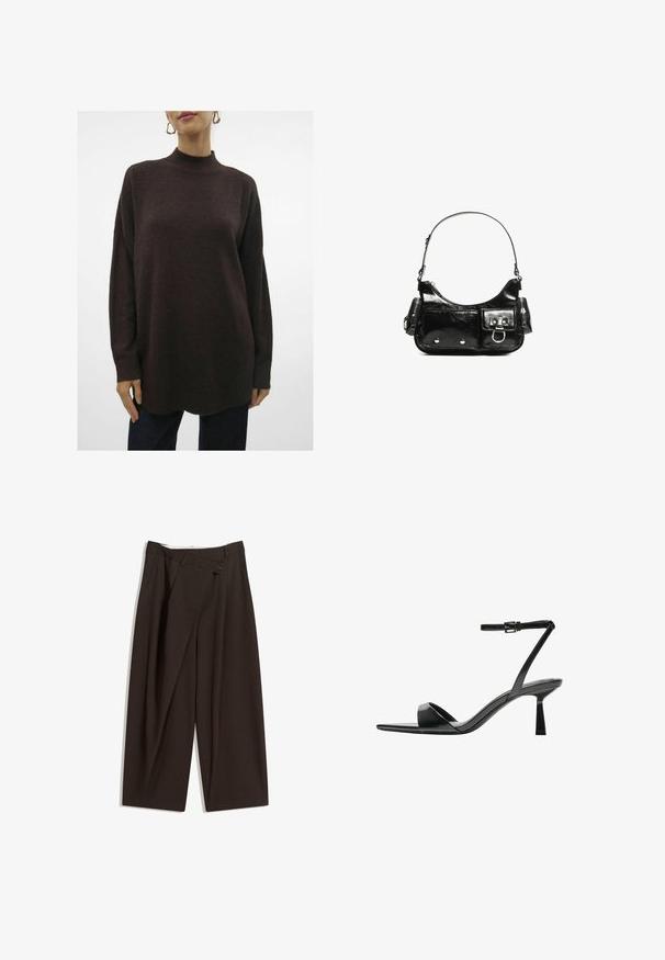 Textured, oversized, dark brown knit sweater with a high neckline, drop shoulders, and ribbed cuffs. Ends in a slight curve at the hem.; Dark brown wide-leg trousers with a high waist, featuring a single button closure and a pleated front. Made from lightweight fabric.; Bershka High heeled sandals - black; Black patent leather handbag with a curved shape, one shoulder strap, front pockets, and silver-tone hardware accents.