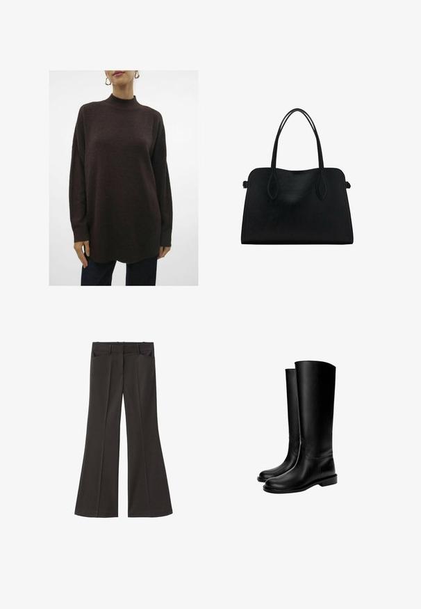 Strukturierter, übergroßer, dunkelbrauner Strickpullover mit hohem Kragen, überschnittenen Schultern und gerippten Bündchen. Endet am Saum mit einer leichten Rundung.; Schwarze, weit geschnittene Hosen mit hoher Taille; verfügt über zwei Fronttaschen und eine glatte Stoffoberfläche. Geeignet für verschiedene Anlässe.; Schwarze knielange Lederstiefel mit glatter Textur, runder Zehenform, flacher Sohle und minimalistischem Design, mit genähten Nähten und ohne sichtbare Beschläge.; Schwarze Lederhandtasche mit zwei Schulterriemen, rechteckiger Form und minimalistischem Design auf weißem Hintergrund.