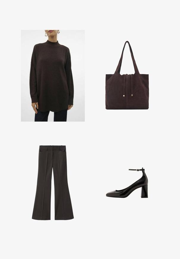 Teksturiran, oversize, temno rjav pleten sveter z visokim ovratnikom, spuštenimi rameni in rebrastimi manšetami. Končuje se z rahlimi krivuljami na robu.; Črne razširjene hlače z visokim pasom; vključujejo dva sprednja žepa in gladko teksturo tkanine. Primerne za različne priložnosti.; Črne lakaste čevlje z ankel trakom, sijajne površine, s koničastim nosom in debelim blok peto. Gladka tekstura, minimalni detajli.; Mango Torba za nakupovanje - dark brown