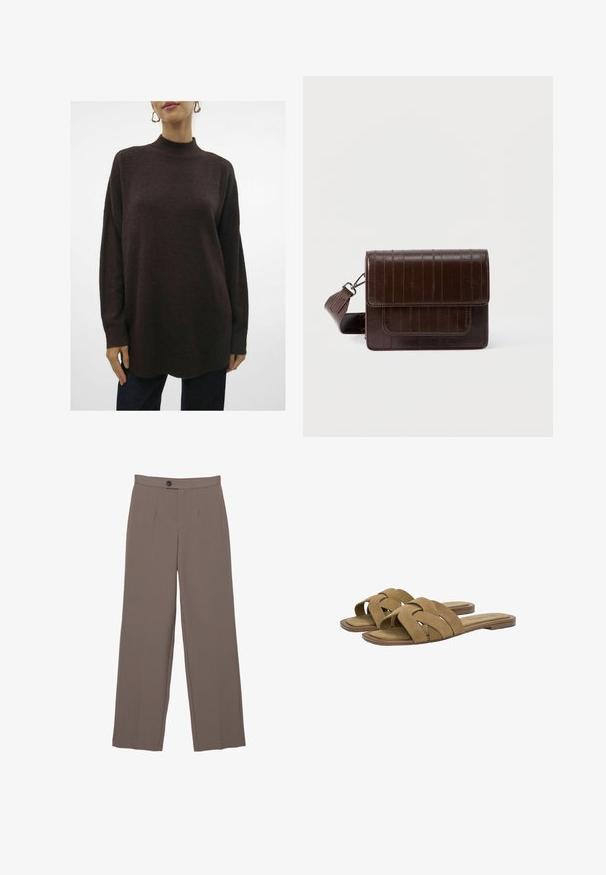 Textúrovaný, veľký, tmavo hnedý pletený sveter s vysokým golierom, spustenými ramenami a rebrovanými manžetami. Na konci má mierny zakrivený lem.; Hnedé nohavice s širokými nohavicami a hladkou textúrou, s prednými skladmi, zapínaním na gombík a strihom na mieru.; Hnedé semišové šľapky s prekríženým pásikovým dizajnom a plochou podrážkou. Mäkkučká štruktúra a minimalistický tvar. Vhodné na bežne nosenie.; Hnedá kožená kabelka cez rameno s textúrovaným povrchom, vybavená klopou, nastaviteľným remienkom a predným vreckom. Kompaktný obdĺžnikový tvar.