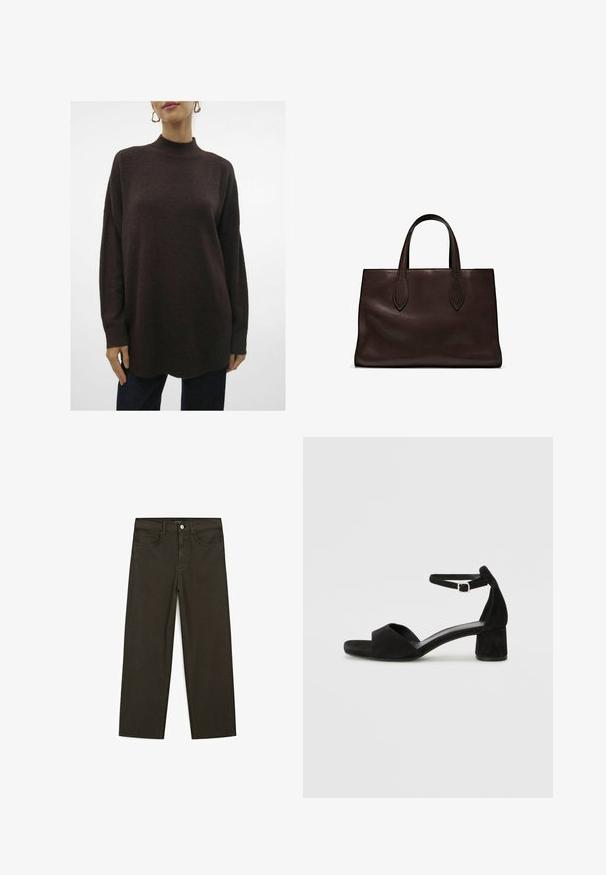 Struktureret, oversized, mørkebrun striktrøje med høj hals, faldende skuldre og ribbede manchetter. Slutter med en let kurve i kanten.; Mørkegrønne brede jeans lavet af en bomuldsblanding, med en frontlukning med knap, fem lommer og klassisk denim-syning.; Sorte ruskind hælede sandaler med en tynd ankelsnor, åben tå design og en beskeden blokhæl. Glat tekstur og minimale detaljer.; Brun læder tote bag med to forlængede håndtag, struktureret rektangulær form, glat overflade og subtile syninger.