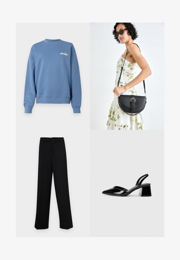 Kék pulóver, puha anyagból készült, kerek nyakkivágással, bordázott mandzsettával és fehér márkaliszttel a mellrészen.; Fekete, széles szárú nadrág sima anyagból, klasszikus derékrésszel, gombzárral és elülső redőkkel.; Fekete lakk bőr szandálkés magas sarkú cipő, hegyes orral és geometrikus tömbsarkakkal. Karcsú, minimalista dizájn és sima textúra jellemzi.; Fekete bőrtáska ívelt formával, levehető pánttal és arany színű fémrészekkel. A táskán egy csattal díszített fedél található.