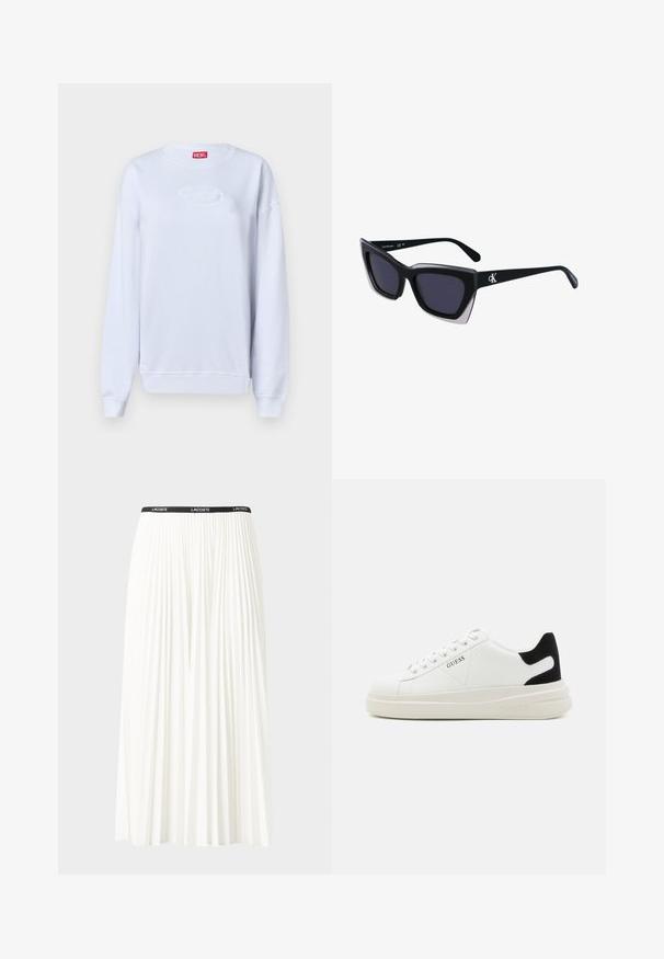 Sweatshirt branco feito de algodão, com um decote redondo e mangas longas. Logótipo bordado no centro e punhos e barra canelados.; Saia plissada branca com uma cintura elástica preta que apresenta o logótipo "LACOSTE". Design de comprimento médio com textura suave.; Sapatilhas brancas de couro com uma sola branca espessa, detalhe em camurça preta no calcanhar e logótipo em relevo na lateral. Design com atacadores e seis ilhós.; Óculos de sol oversized pretos com forma geométrica, apresentando lentes escuras e um detalhe cinza em contraste na armação. Logotipo na haste.