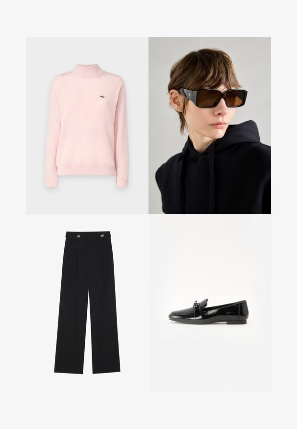 Helles rosa Rollkragenpullover aus weichem Stoff. Verfügt über gerippte Bündchen und Kragen, mit einem kleinen grünen Logo auf der linken Seite.; Schwarze weite Hosen mit hoher Taille, Knopfdetails am Bund und vorderen Falten.; Schwarze Lackleder-Lederschuhe mit flacher Sohle, runder Spitze und einem dekorativen Riemen mit einem goldfarbenen Akzent. Glattes, glänzendes Finish.; Schwarze oversized Sonnenbrille mit glänzender Oberfläche, rechteckiger Form, braun getönten Gläsern und goldfarbenem Logo-Detail an den Scharnieren.